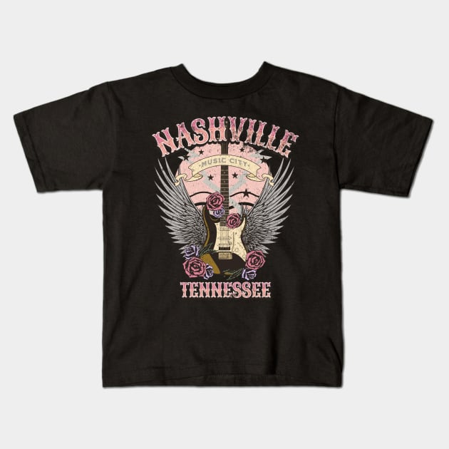 Vintage Nashville Tennessee Guitar and Roses Country Music City Kids T-Shirt by PUFFYP